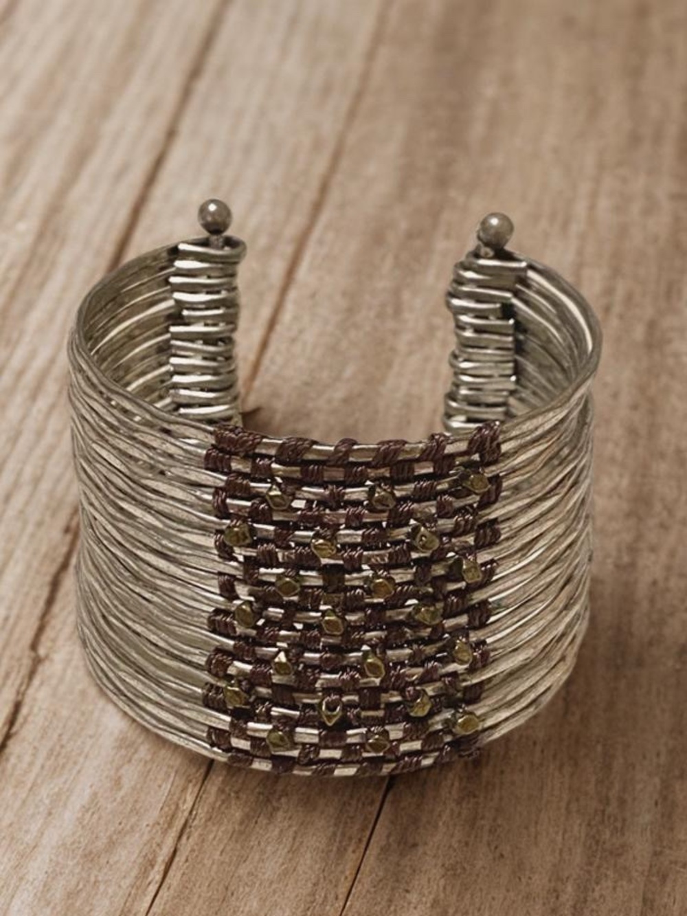 Silver stacked Cuff Bracelet with Brown Beaded Accent fits up to 7.5 inches
